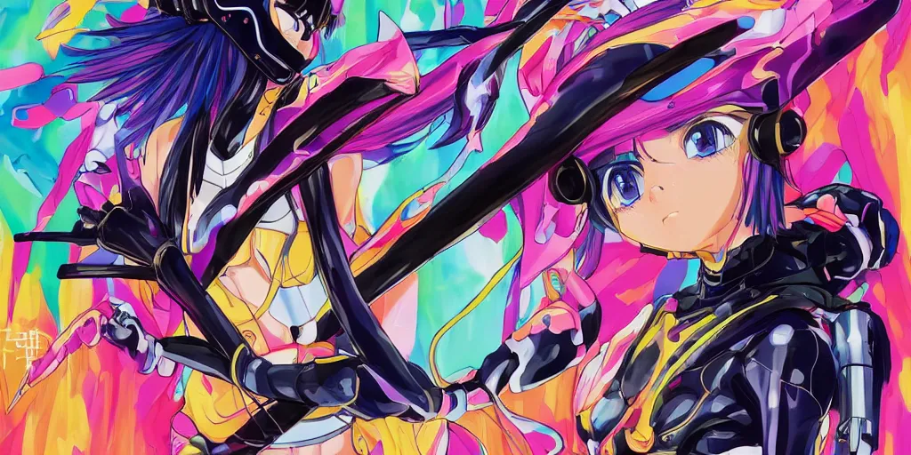 Image similar to : extremely beautiful illustration a black marble statue of an anime girl with colorful skateboard logos all over and helmet with closed visor, colorful hyperbolic background, fine art, neon genesis evangelion, virgil abloh, offwhite, denoise, highly detailed, 8 k, hyperreal