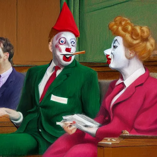 Prompt: a highly detailed beautiful portrait close up hyper realistic painting of british members of parliament in the house of commons wearing pastel coloured clown costumes with pleasant oversized joyful faces, they are smoking. in the style of edward hopper, richard hamilton. concept art. green leather benches. photographic. concept. crisp digital art. no artefacts. desaturated. high fidelity facial portrait. 8 k