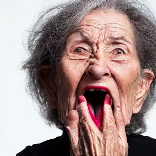 Prompt: elderly woman with all black eyes opening her mouth impossibly wide, photorealistic, award winning, 8k,