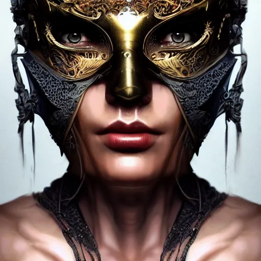 Image similar to Very very very very highly detailed epic photo of face with venetian mask, intricate, dystopian, sci-fi, extremely detailed, digital painting, artstation, concept art, smooth, sharp focus, illustration, intimidating lighting, incredible art by Artgerm