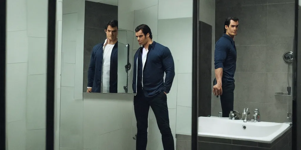 Image similar to ultra wide angle photo of henry cavill dressed in a a green flannel shirt and black dress pants as clark kent looking at himself in a bathroom mirror and seeing his reflection as superman