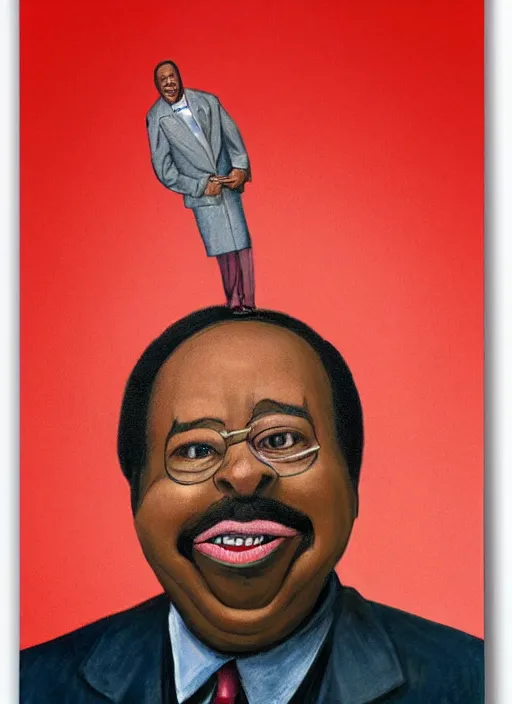 Image similar to ( ( ( caricature of leslie david baker as stanley hudson of the office television series ) ) ) by igor kazarin, pastels, head to waist, light coming from the right side, red background,