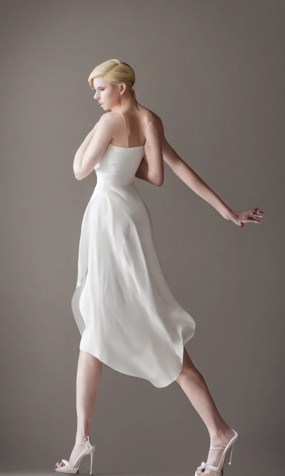 Prompt: photo of gorgeous seductive tall emily skinner cosplaying annie leonhart wearing elegant white dress, legs wearing open toe heels, in a white room, beautiful face, pale skin, rule of thirds, cinematic lighting, sharp focus, backlit, stunning, smooth, hard focus, full body shot, studio photo, shot on sony a 7 iii
