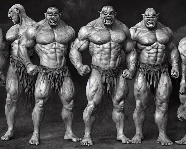 Image similar to hyper realistic group vintage photograph of a warrior orc tribe, tall, muscular, hulk like physique, tribal paint, tribal armor, highly detailed