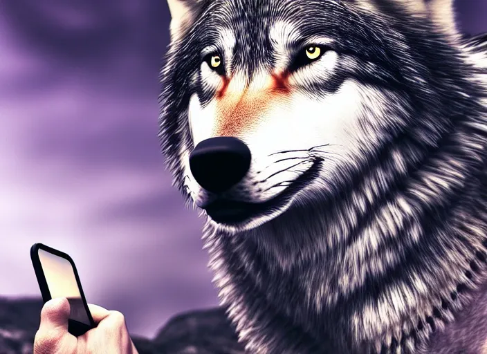 Image similar to portrait of a wolf playing games on a phone, realistic photograph, high quality, 4 k, full shot