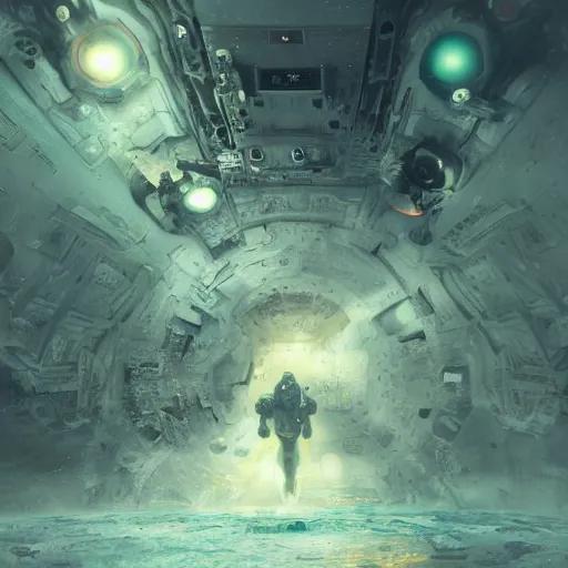 Image similar to concept art by craig mullins astronaut in futuristic dark and empty spaceship underwater. infrared complex and hyperdetailed technical suit. mandelbulb fractal. reflection and dispersion materials. rays and dispersion of light. volumetric light. 5 0 mm, f / 3 2. noise film photo. flash photography. interstellar movie art