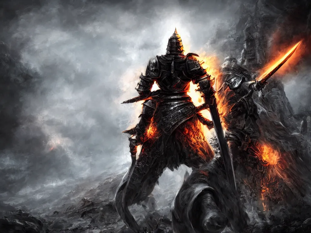 Image similar to warrior of death with big sword and shining armor standing and looking down, out of his back is coming white smoke, in the style of dark souls, conzept art