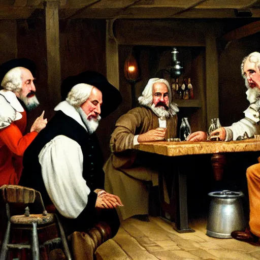 Image similar to the quaker oats man having a drink with ron jeremy at a round table in a tavern