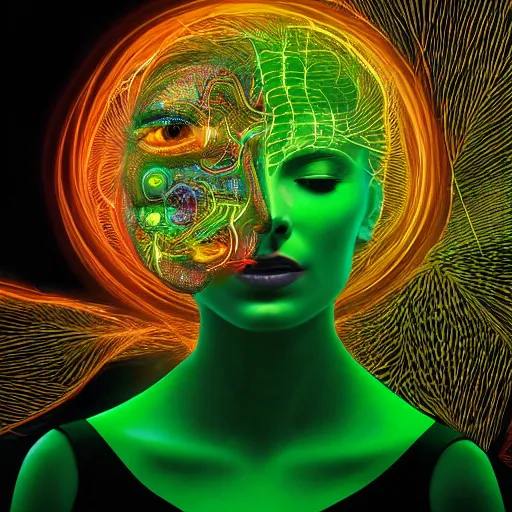 Prompt: a majestic portrait of a woman with her brain being sent aws cloud using electrical wires, digital painting, high detail, 8 k, intricate ornamental details, vibrant iridescent colors, green magenta and gold