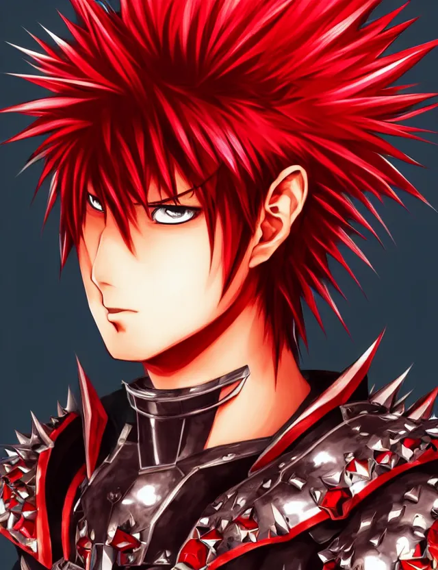 Image similar to a detailed manga portrait of a handsome man with spiked crimson hair in fiery crimson crystalline armour, trending on artstation, digital art, 4 k resolution, detailed, high quality, sharp focus, hq artwork, coherent, insane detail, character portrait
