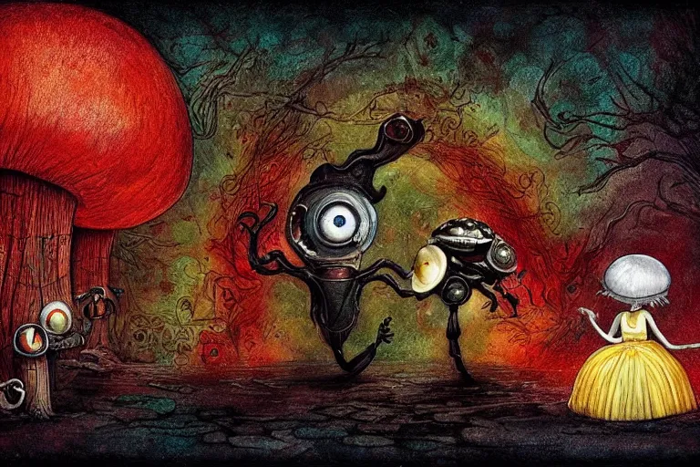 Image similar to Alice meets a Caterpillar that teaches her to eat mushroom to control her size, biomechanoid, sci-fi, dramatic, art style Megan Duncanson and Benjamin Lacombe, super details, dark dull colors, ornate background, mysterious, eerie, sinister