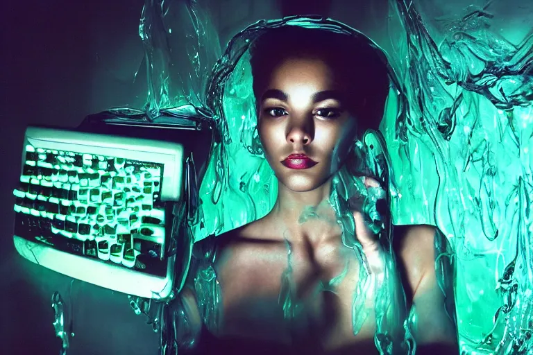 Image similar to handsome alien woman using a computer submerged in translucent goo, in 1 9 8 5, y 2 k cybercore, industrial low - light photography, in the style of tyler mitchell