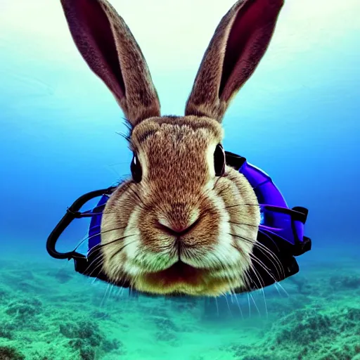 Prompt: a rabbit wearing a snorkel and diving mask