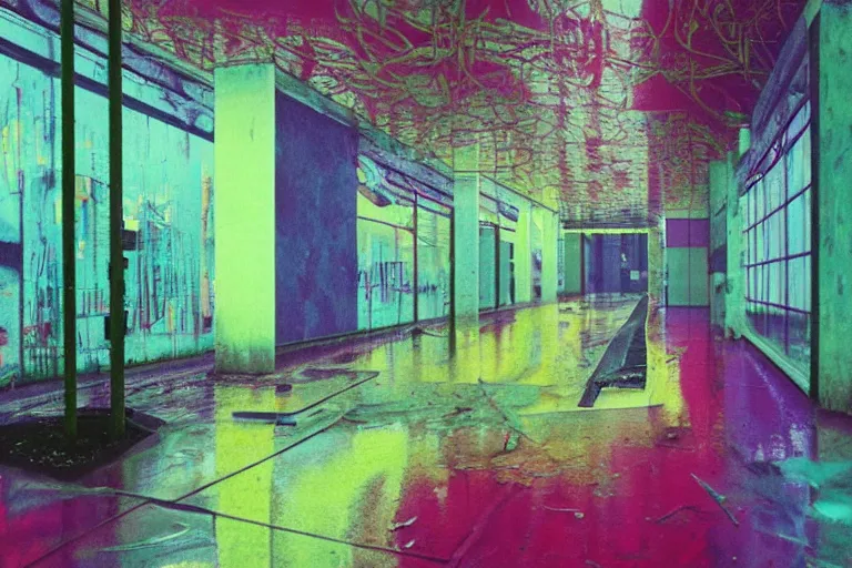 Image similar to abandoned 9 0 s mall interior, rain like a dream, oil painting, cinematic, overgrown, dramatic, volumetric lighting, cyberpunk, basquiat + francis bacon + gustav klimt + beeple, elevated street art, fantasy lut, textural, pink, blue, purple, green,