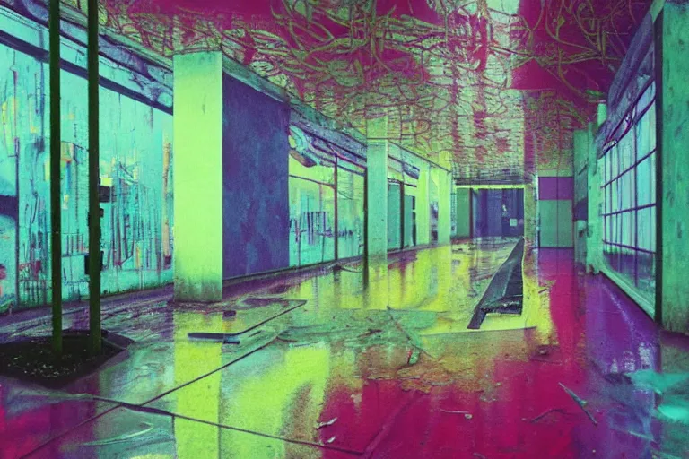 Prompt: abandoned 9 0 s mall interior, rain like a dream, oil painting, cinematic, overgrown, dramatic, volumetric lighting, cyberpunk, basquiat + francis bacon + gustav klimt + beeple, elevated street art, fantasy lut, textural, pink, blue, purple, green,