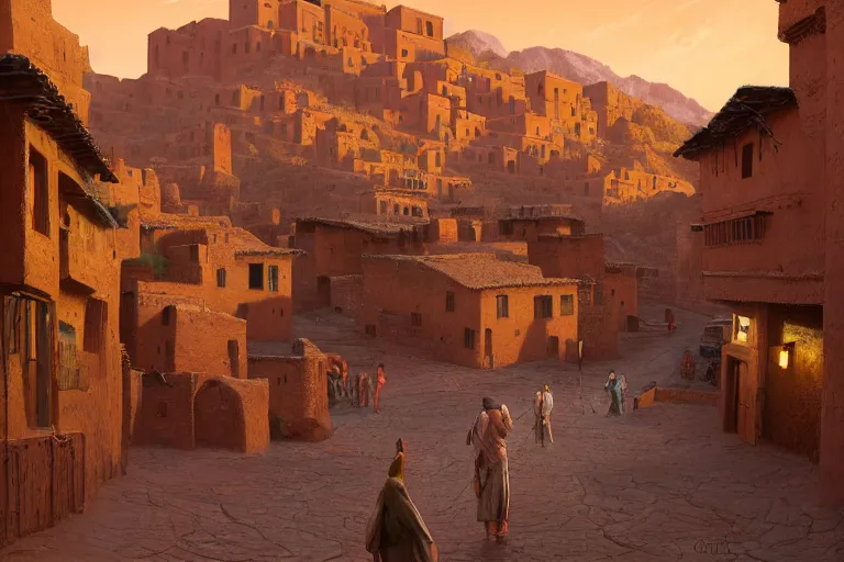 Image similar to in the middle of a adobe house kasbah town, mud and brick houses, merchant street, pueblo architecture, colorful crowd, festival. Scenic view at night, underexposed, clean horizon, matte painting by raphael lacoste and marc simonetti and craig mullins and christophe vacher, trending on artstation, 4k, intricate details