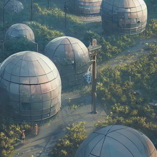 Prompt: A city trapped in a giant transparent dome, bubbles, cinematic lighting, insanely detailed, intricate, artstation, cgsociety, painted by Simon Stalenhag, concept art, illustration, sharp focus,