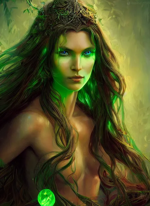 Prompt: beautiful wood goddess with long hair, bright green eyes, fantasy, elegant, concept art, sharp focus, beautiful face!!, digital art, Hyper-realistic, 4K, Unreal Engine, Highly Detailed, HD, Dramatic Lighting by Brom, trending on Artstation