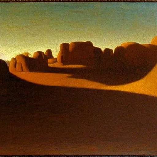 Image similar to desert landscape oil painting at twilight, intricate lines, elegant, extreme detail, smooth, sharp focus, art by vermeer and edward church