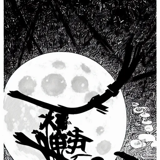 Image similar to full moon, style of shuzo oshimi, black outline, on white, smooth, thin sharp lines, detailed