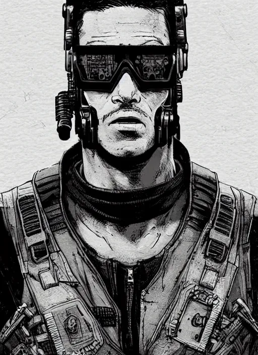 Image similar to Menacing Hector. buff cyberpunk mercenary wearing a cyberpunk headset, military vest, and pilot jumpsuit. square face. Realistic Proportions. Concept art by James Gurney and Laurie Greasley. Moody Industrial skyline. ArtstationHQ. Creative character design for cyberpunk 2077.