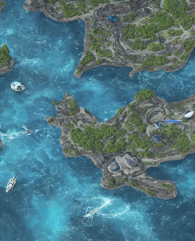 Prompt: a crescent shaped pelagic settlement floating on the water, view from above, fusion of subnautica and star trek, aquaculture farms in the water around, boats of different sizes, hyperrealistic sci - fi illustratiom, soft natural volumetric lighting, realistic 4 k unreal engine 5 beautifully detailed render, 4 k post processing, trending on artstation