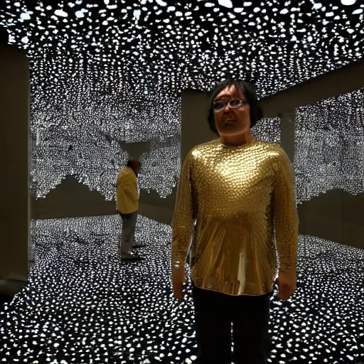 Prompt: photo, a man wearing a shiny chrome polygonal costume standing inside a yayoi kusama infinity mirror room