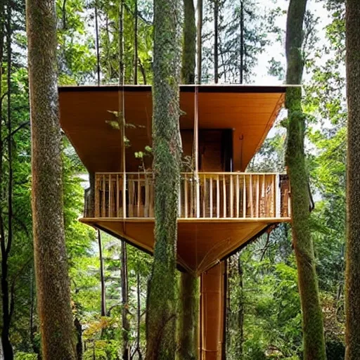 Prompt: a modern tree house, hanging gardens, in the forest, beautiful scenery