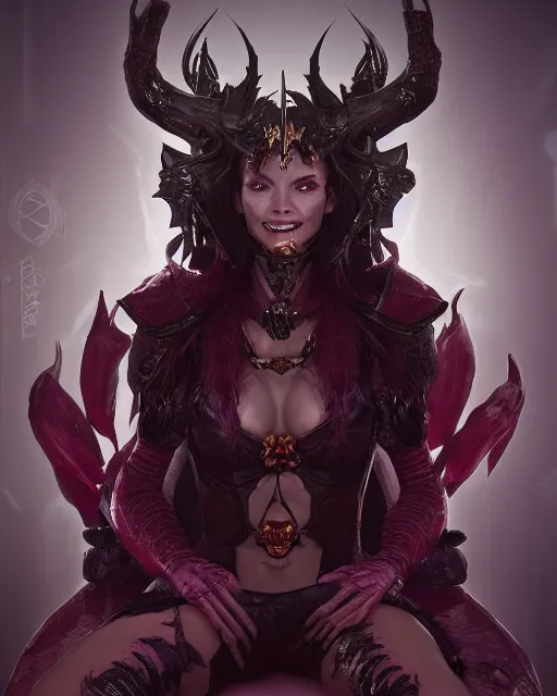 Prompt: headshot portrait, demon queen inside her hellish throne room, mischievous smile, detailed, realistic, studio lighting, unreal engine, cgsociety