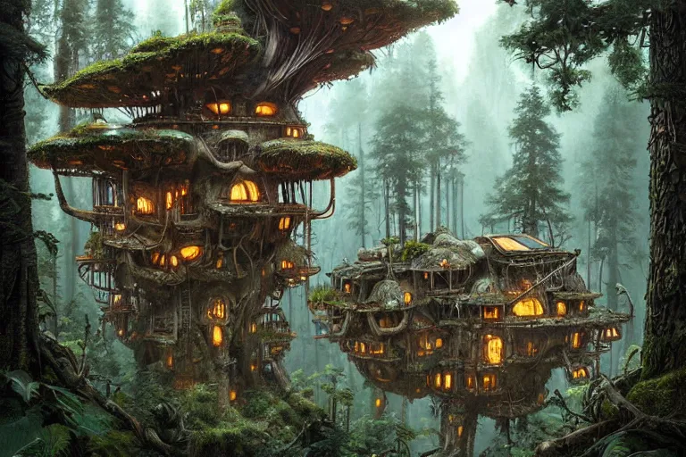 Image similar to lichenpunk treehouse village on endor, hyper detailed, by alejandro burdisio,