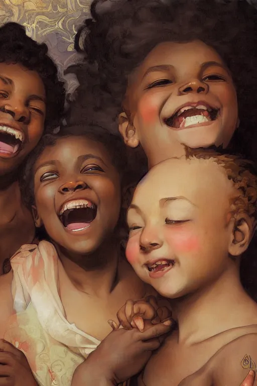 Prompt: carefree black children smiling and laughing, crisp digital painting by artgerm by mucha by caravaggio and face by wlop