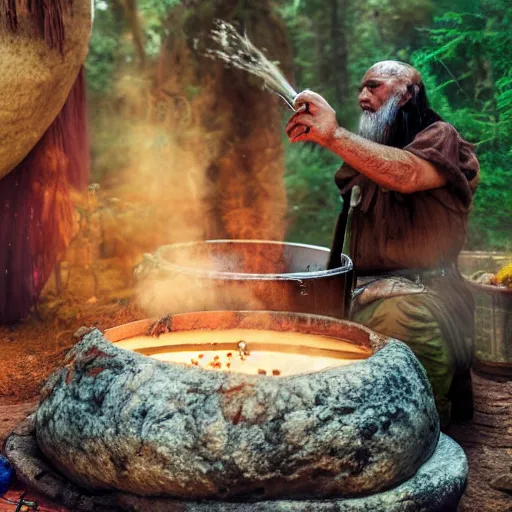 Image similar to a shaman preparing a magic decoction in a dreamy atmosphere, 4 k, 3 d, photo