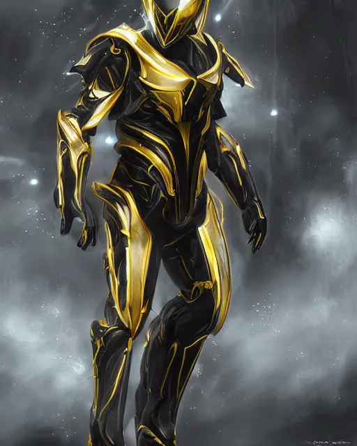 Image similar to black and gold warframe armor cinematic detailed photorealistic digital artwork digital painting