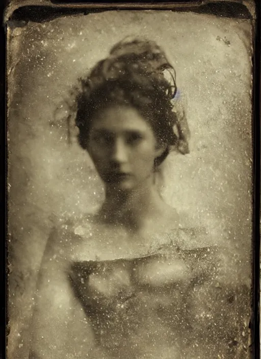 Image similar to old wetplate daguerreotype portrait of a lady with crackle skin, explosion of data fragments, fractal, intricate, elegant, highly detailed, parallax, leica, medium format, subsurface scattering, by jheronimus bosch and greg rutkowski and louis jacques mande daguerre