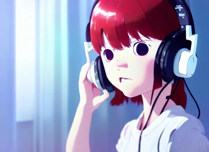 Image similar to a film still portrait of a white long hair red eyed young cute girl wearing a headset in a room interior, closeup, perfect art, gapmoe, trending on pixiv fanbox, painted by makoto shinkai takashi takeuchi studio gibli yoh yoshinari, kuvshinov ilya, 4 k