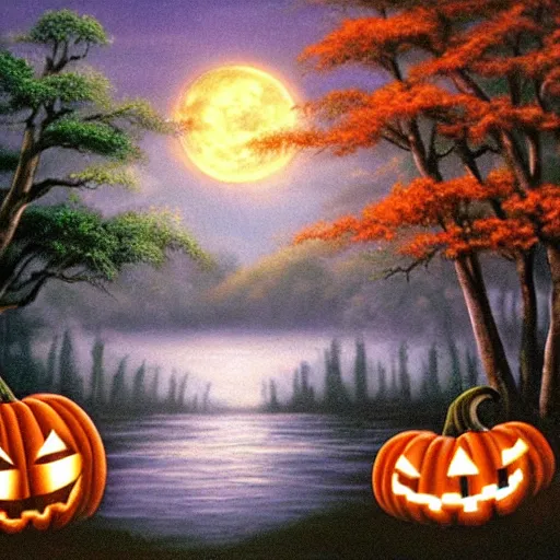 Image similar to halloween scene painted by bob ross