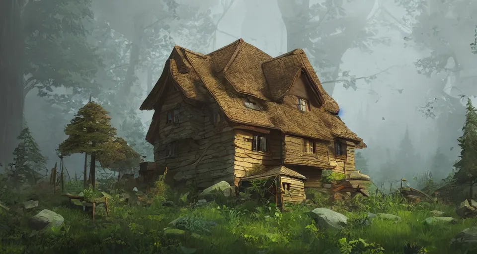 Prompt: a painting of a house in the middle of a forest, a low poly render by senior environment artist, featured on polycount, fantasy art, artstation hq, 2 d game art, rendered in unreal engine