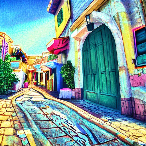 Image similar to safed tzfat israel, digital art, outrun