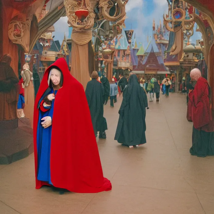 Prompt: a woman in a hooded cloak, at disney world, by jan van eyck, canon eos c 3 0 0, ƒ 1. 8, 3 5 mm, 8 k, medium - format print