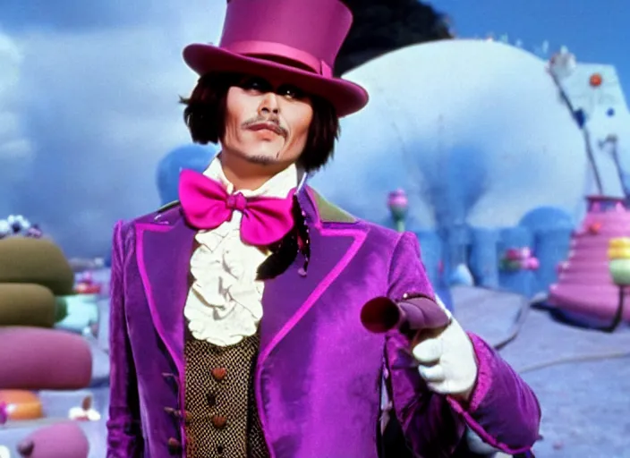 Image similar to film still of Johnny Depp as Willy Wonka in Willy Wonka and the Chocolate Factory 1971