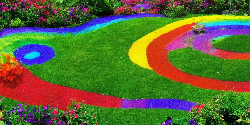 Prompt: equirectangular view of a rainbow garden