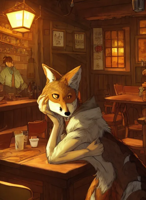 Image similar to anthro coyote fursona barmaid in a cozy tavern, hidari, color page, tankoban, 4K, tone mapping, Akihiko Yoshida.