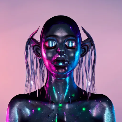 Image similar to a beautiful feminine alien with thick black sludge seeping from her eyes, screaming while being consumed by darkness, iridescent eyes, dreamlike, intricate detail, 3d render, octane render, trending on artstation, 4k, hd