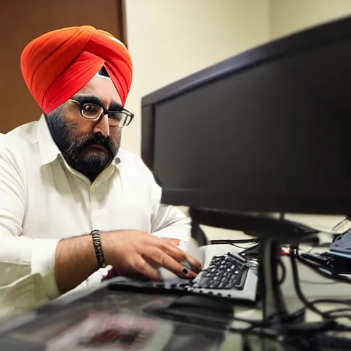 Image similar to fat Inderjit Gill sitting at a computer looking lost, photograph, high quality