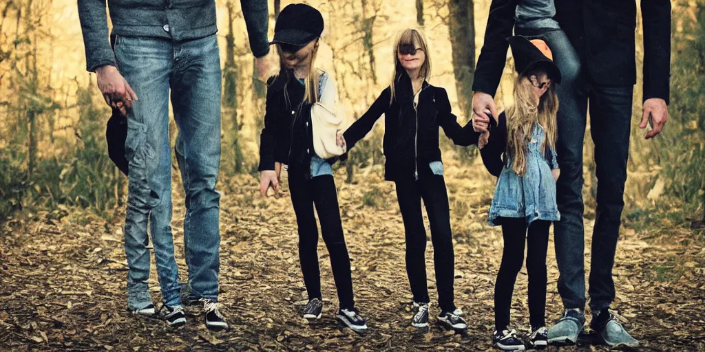 Image similar to Skinny tall cryptid slenderman holding a young girls hand, on a cellphone screen