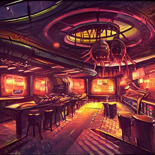 Image similar to interior of a busy dive bar on an alien planet, cinematic, epic sci-fi art