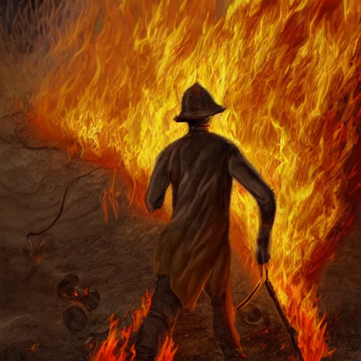 Image similar to a man walking towards the gates of hell, lost souls in anguish and despair all around, flaming pits of hell, highly detailed digital painting