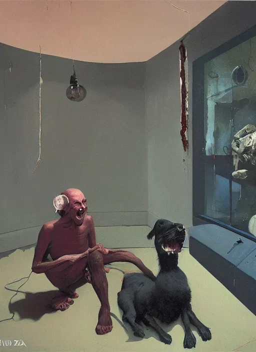 Prompt: two dark figures laughing and a black dog inside a decayed contemporary with spherical people and Oxygen tanks at flooded living room Edward Hopper and James Gilleard, Zdzislaw Beksinski, open ceiling, highly detailed, painted by Francis Bacon, painted by James Gilleard, surrealism, airbrush, Ilya Kuvshinov, WLOP, Stanley Artgerm, very coherent, art by Takato Yamamoto and James Jean