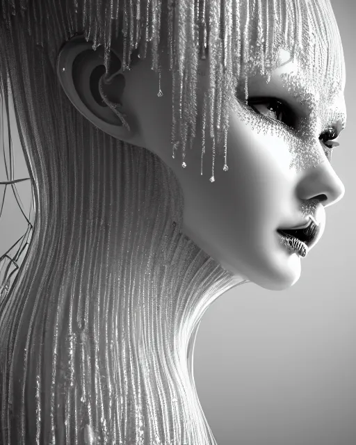 Prompt: mythical dreamy black and white organic translucent bio-mechanical spinal ribbed profile face portrait detail of mechanical beautiful female angelic-snowy-human-doll, highly detailed, intricate crystal jelly steampunk ornate, poetic, 3D render, digital art, octane render, 8K artistic photography, photo-realistic, by Dora Maar