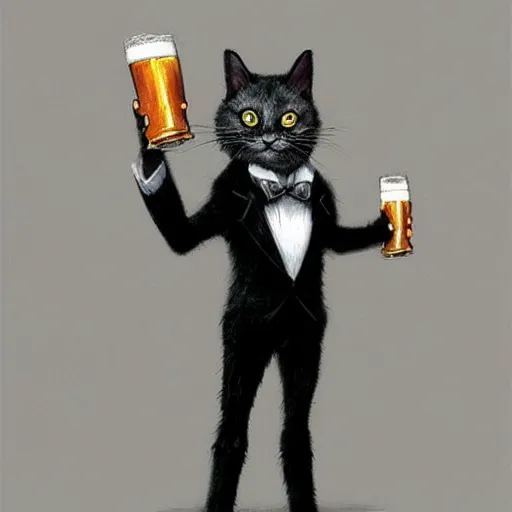 Image similar to a big dark angry powerful menacing grey cat wearing a suit. Holding a beer. Waving into the camera. With long fur and fluffy tail sitting, intricate, elegant, highly detailed, digital painting, artstation, concept art, matte, sharp focus, illustration, art by Artgerm and Greg Rutkowski and Alphonse Mucha